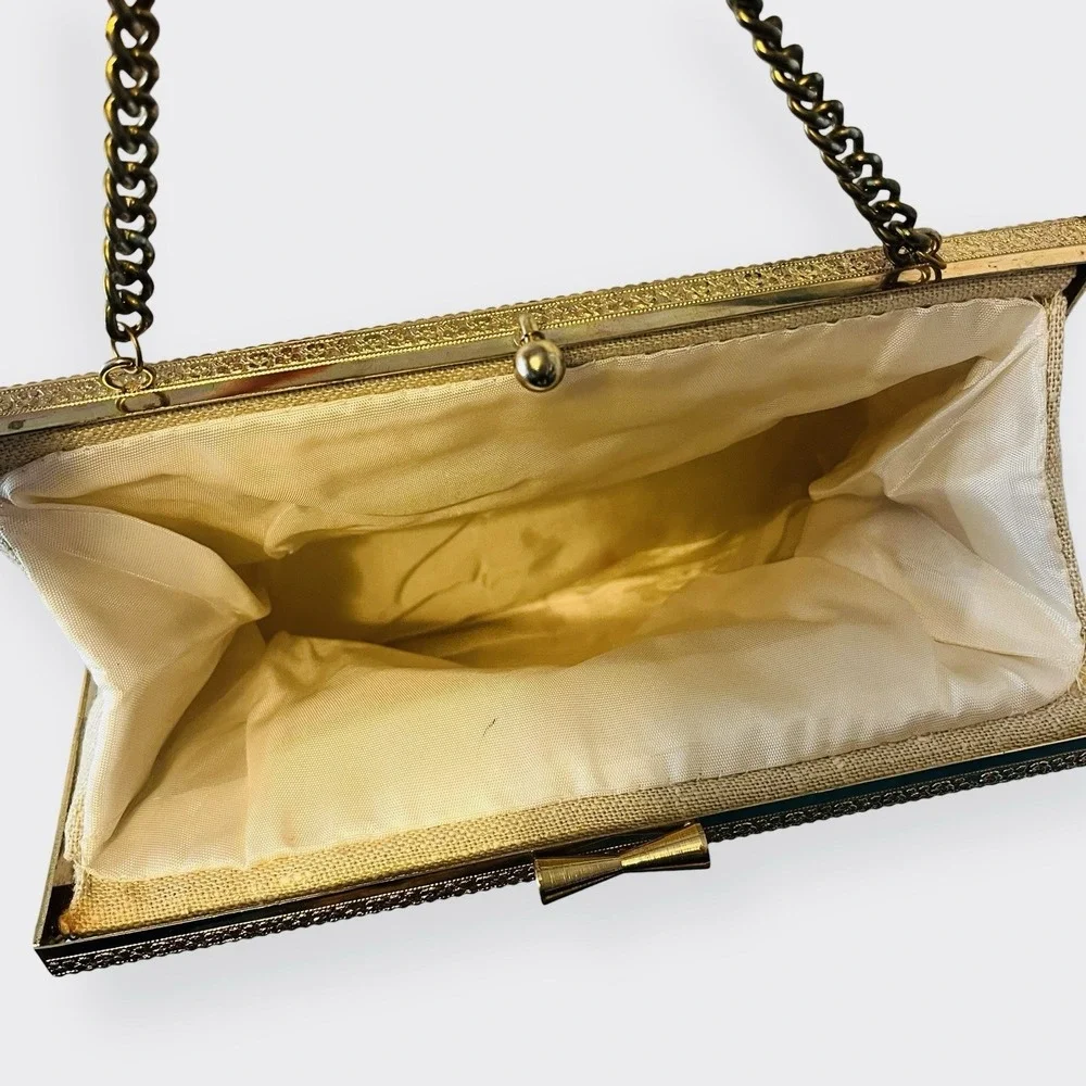 Vintage Crewel Floral Embroidery Bag Gold‎ Frame Needlepoint Off White Clutch - Picture 9 of 12